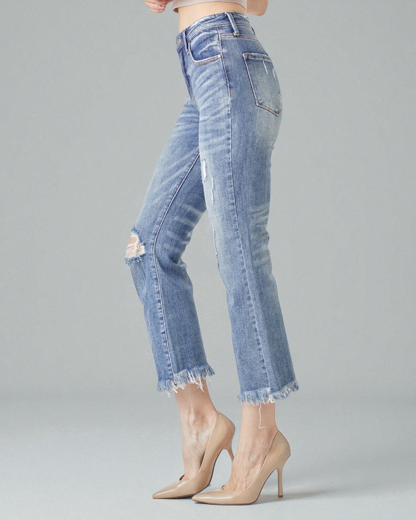 Medium Wash Distressed Cropped Flare Jeans