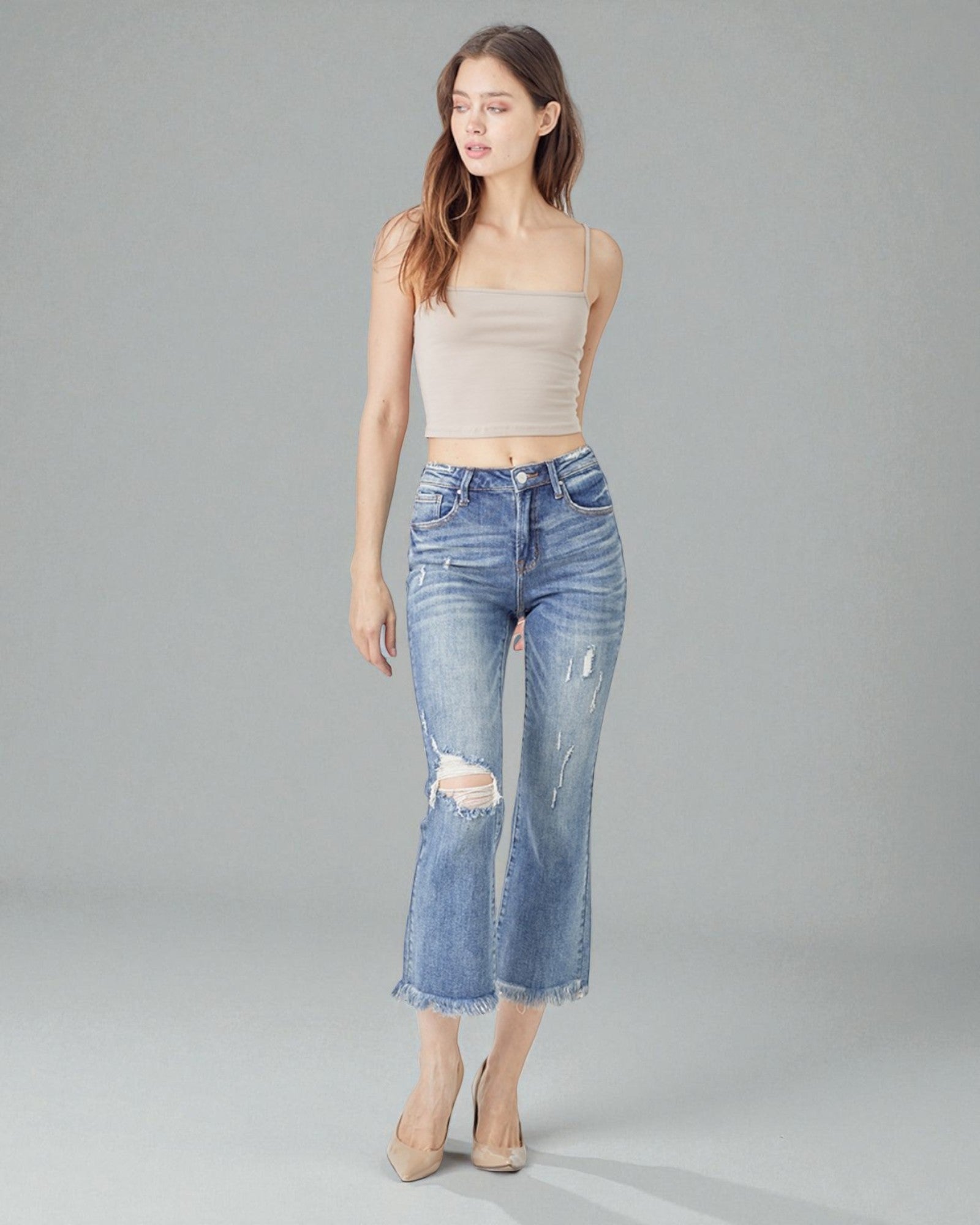 Jean bootcut court taille haute effet vieilli foncé