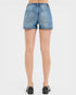 Denim shorts worn by a person on a white background