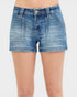 Blue denim shorts on a white background