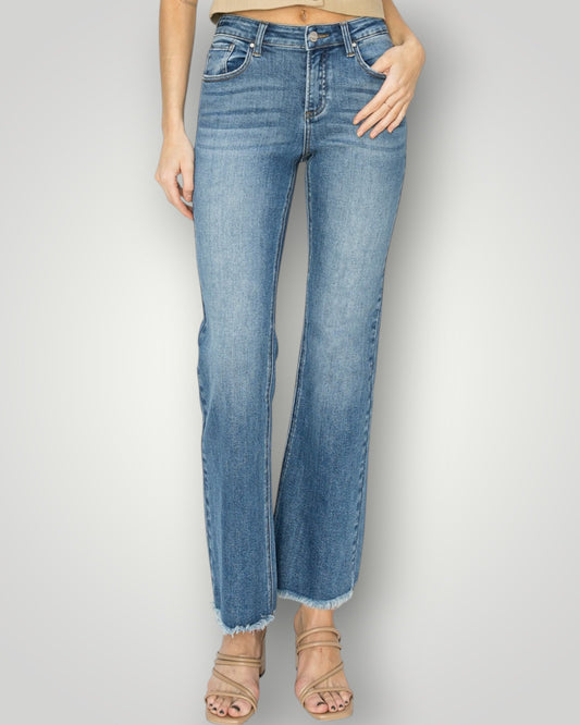 Medium Wash Mid-Rise Frayed Hem Bootcut Jeans