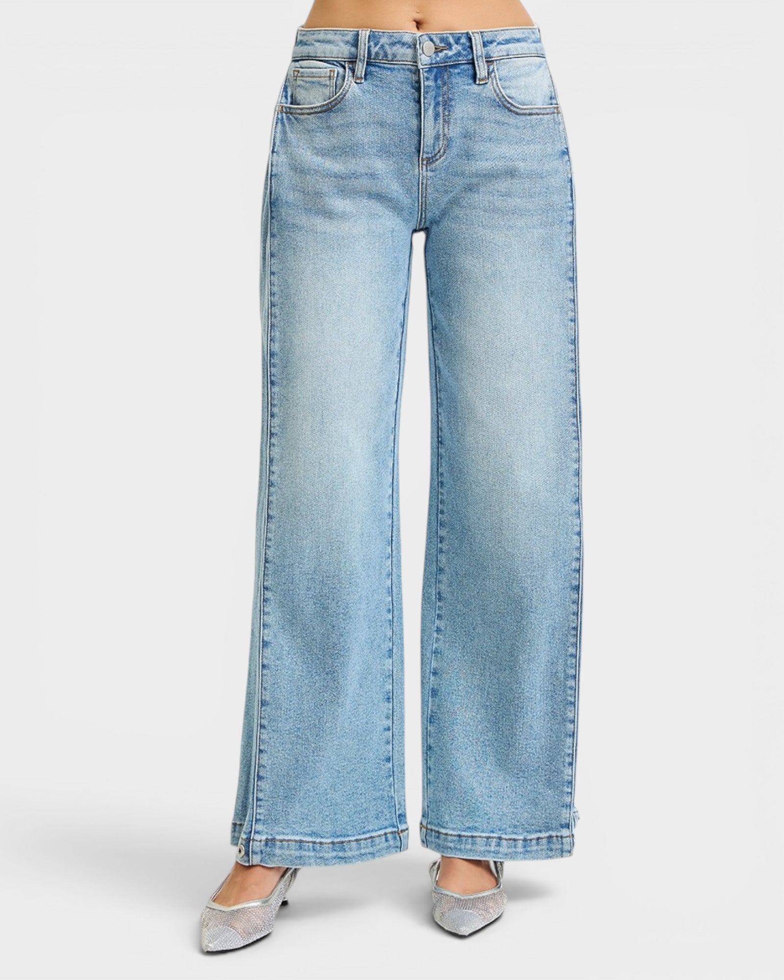 Light blue wide-leg jeans on a white background