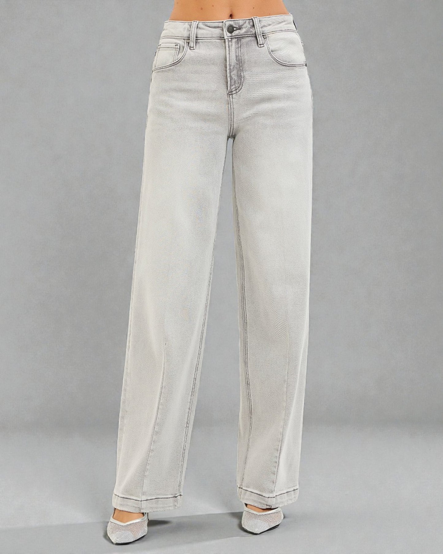 Light blue jeans on a gray background