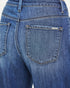 Close-up of blue jeans with a focus on the back pocket.
