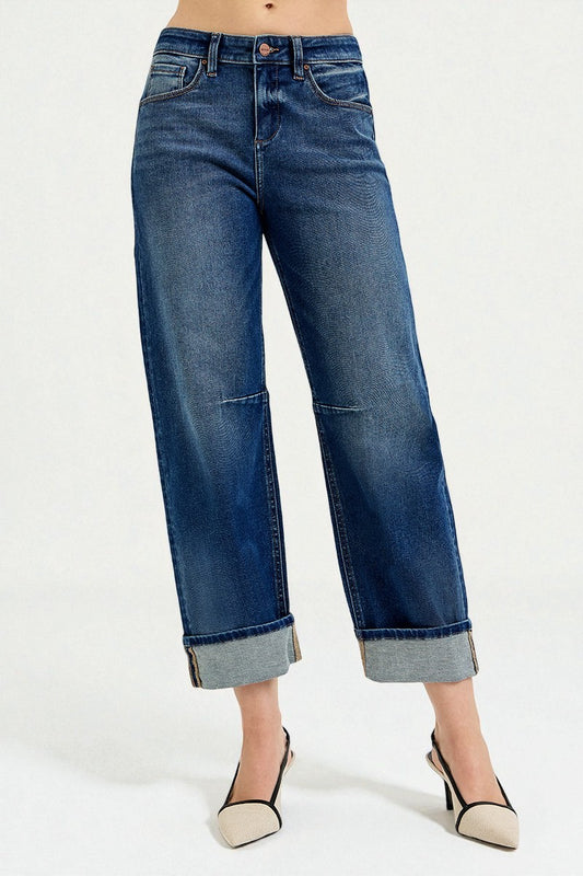 Dark Wash Cuffed Wide Leg Jeans