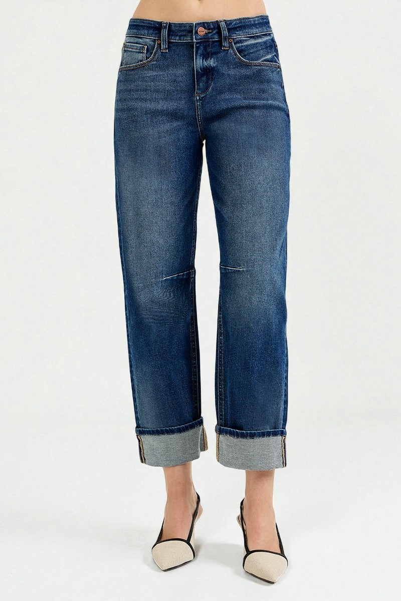 Dark Wash Cuffed Wide Leg Jeans