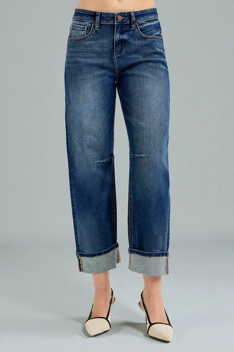 Dark Wash Cuffed Wide Leg Jeans