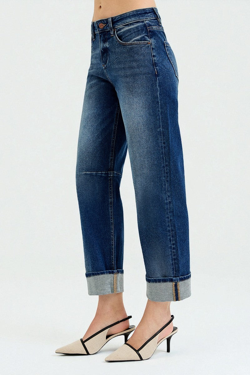 Dark Wash Cuffed Wide Leg Jeans