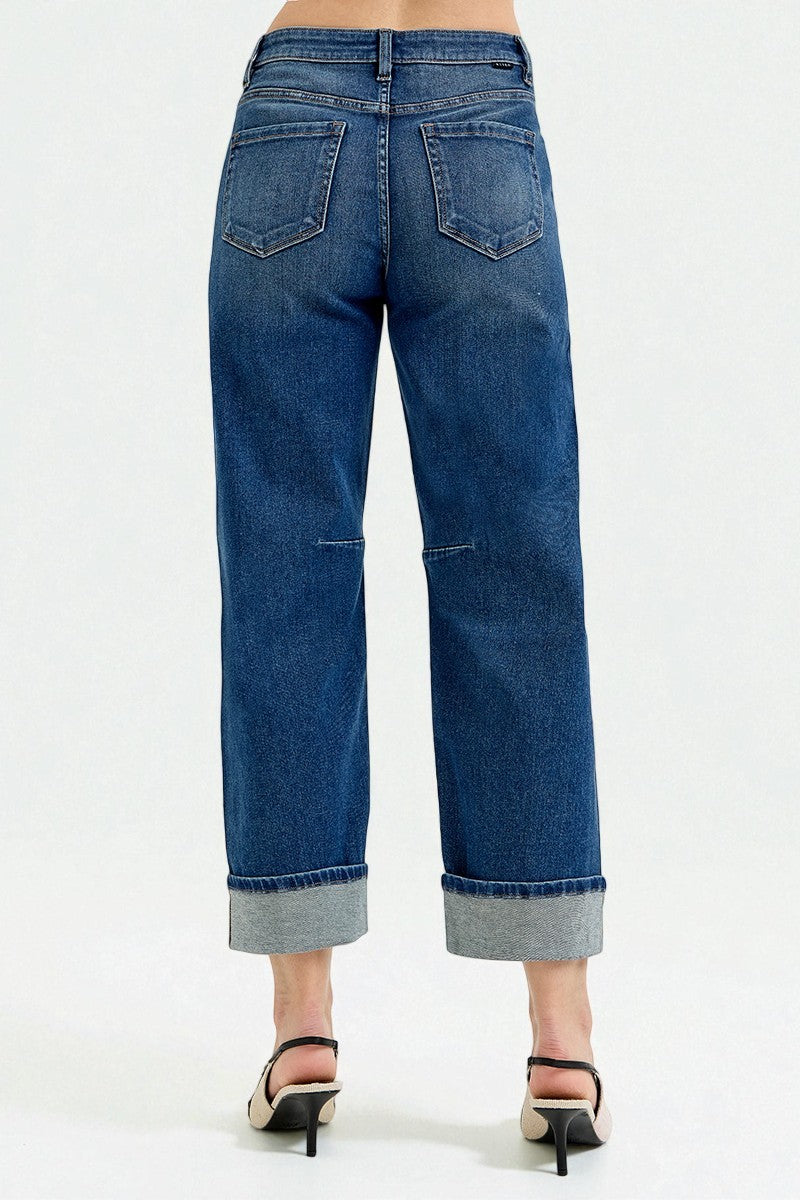 Dark Wash Cuffed Wide Leg Jeans