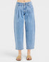 Light blue jeans worn by a person on a white background