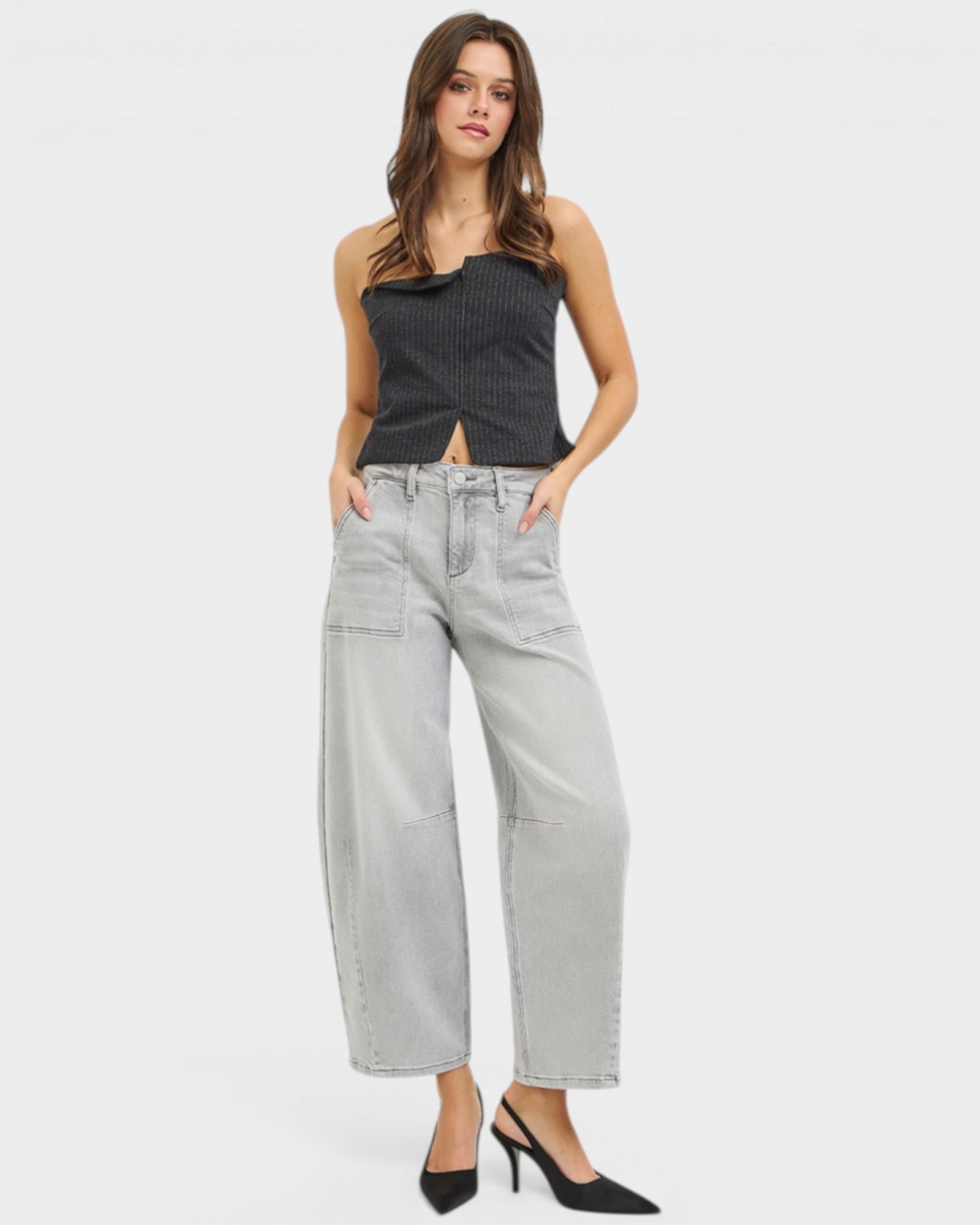 Light Gray Utility Seam Barrel Jeans