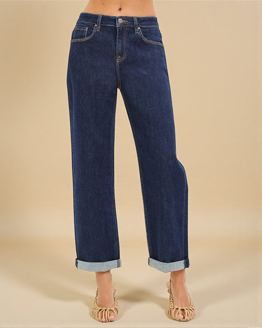 Dark Wash Cuffed Boyfriend Jeans