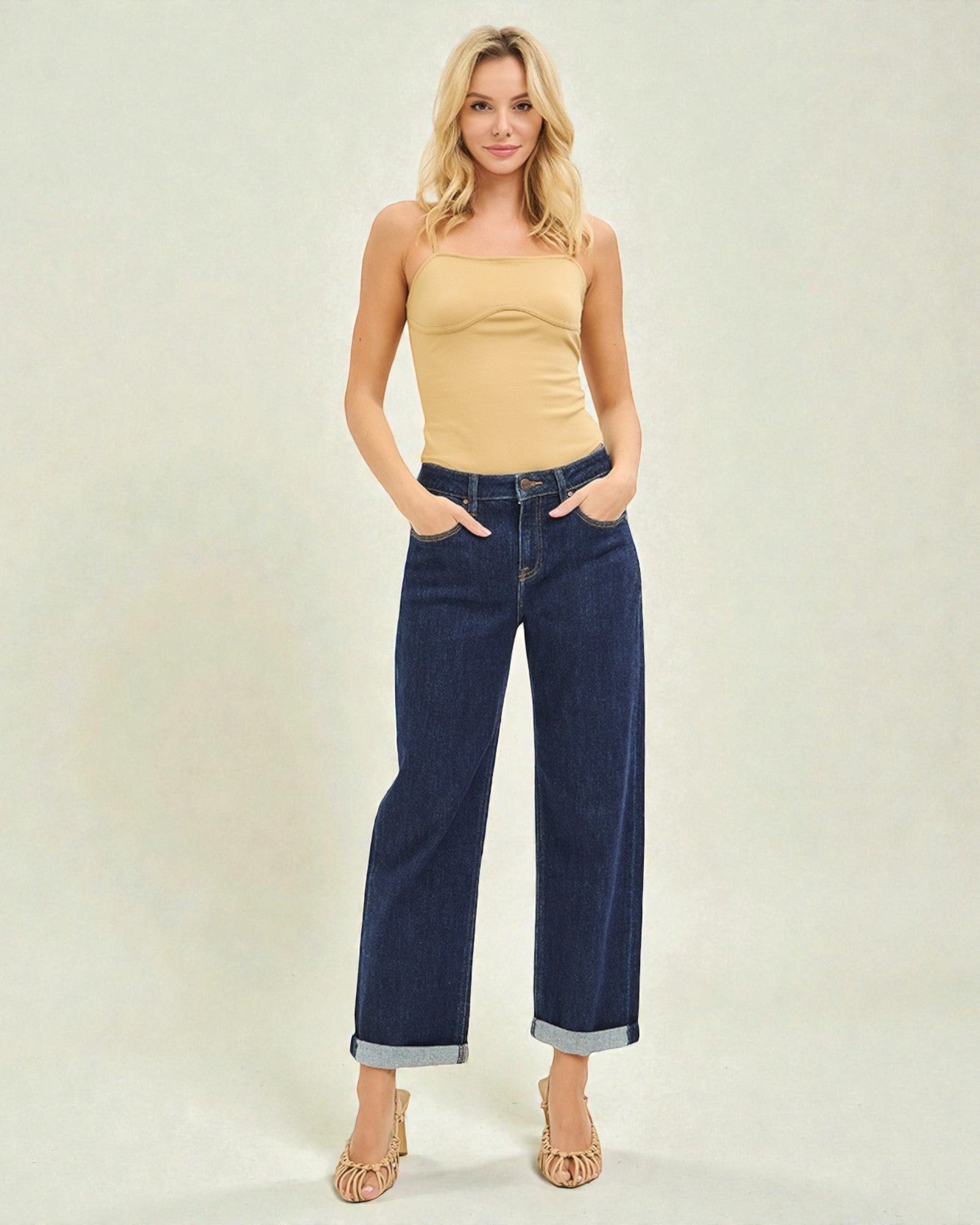 Dark Wash Cuffed Boyfriend Jeans