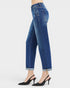 Blue jeans worn by a person on a white background