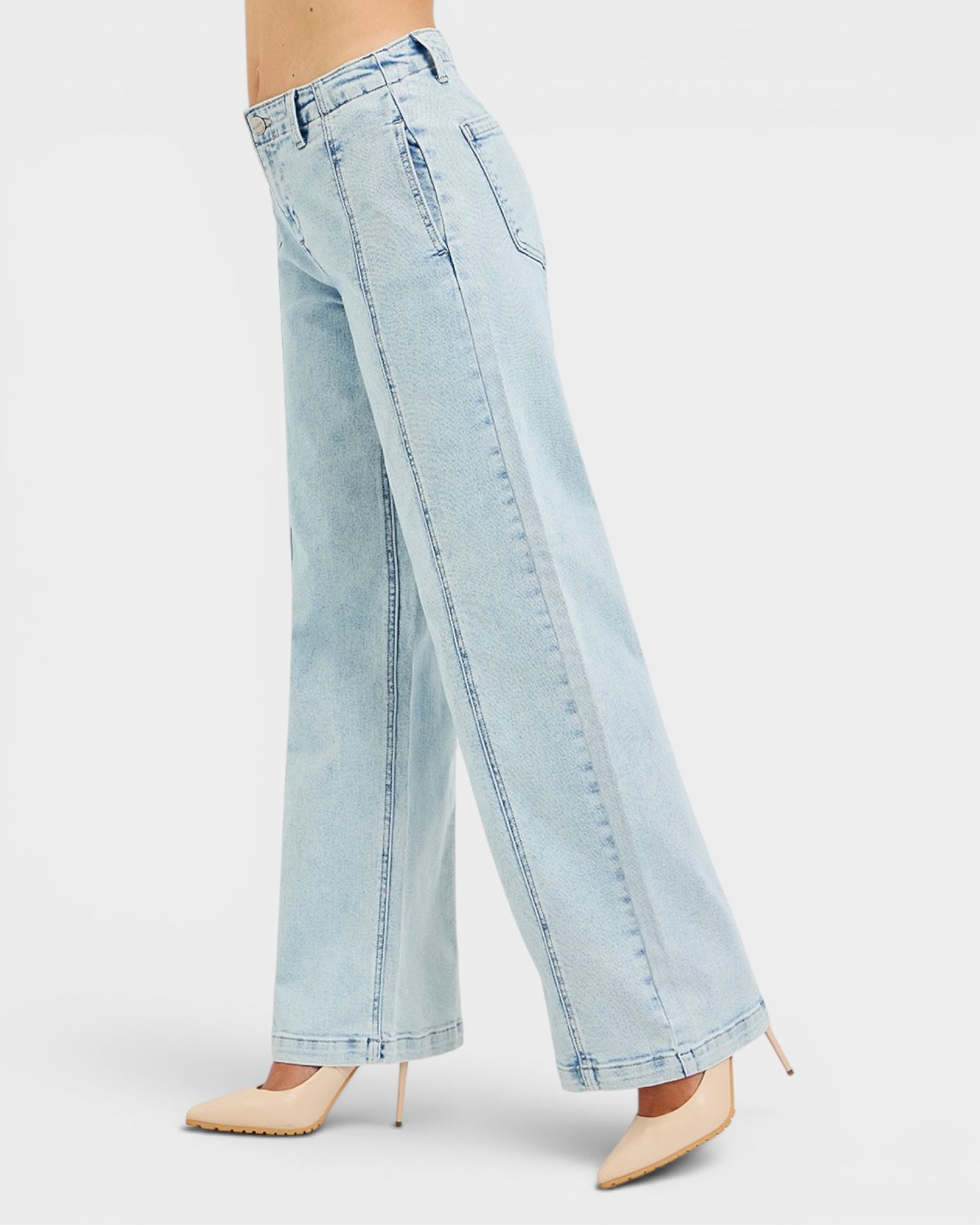 Light blue wide-leg jeans worn by a person on a white background