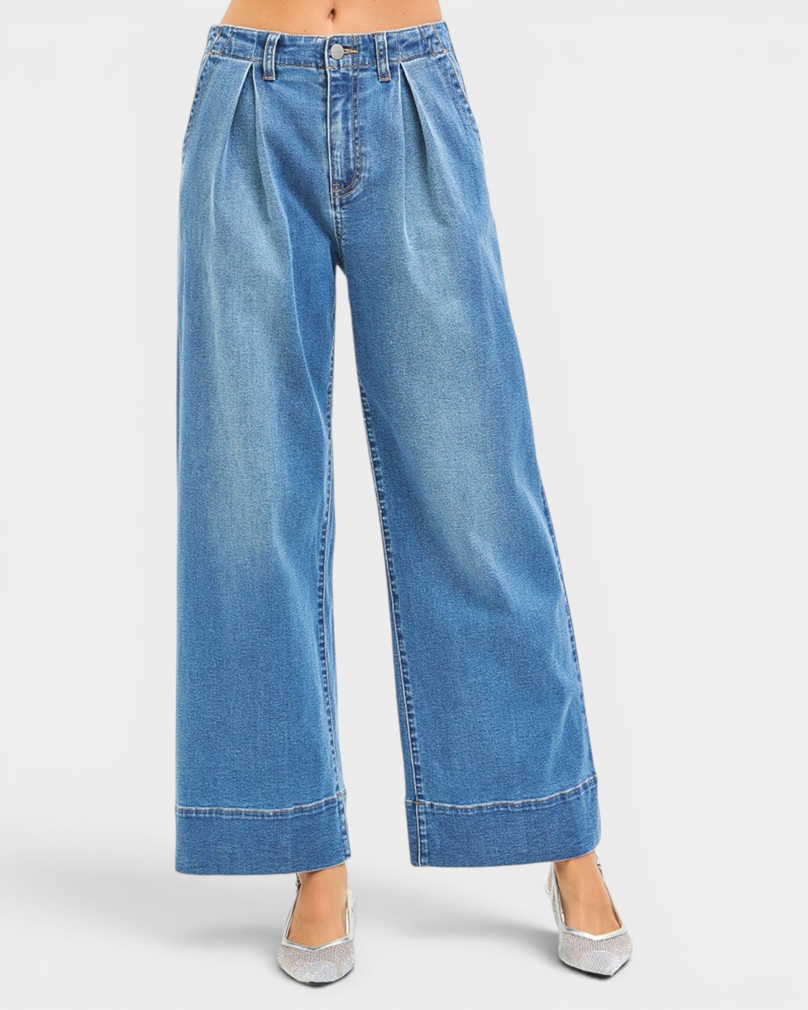 Blue wide-leg jeans on a white background