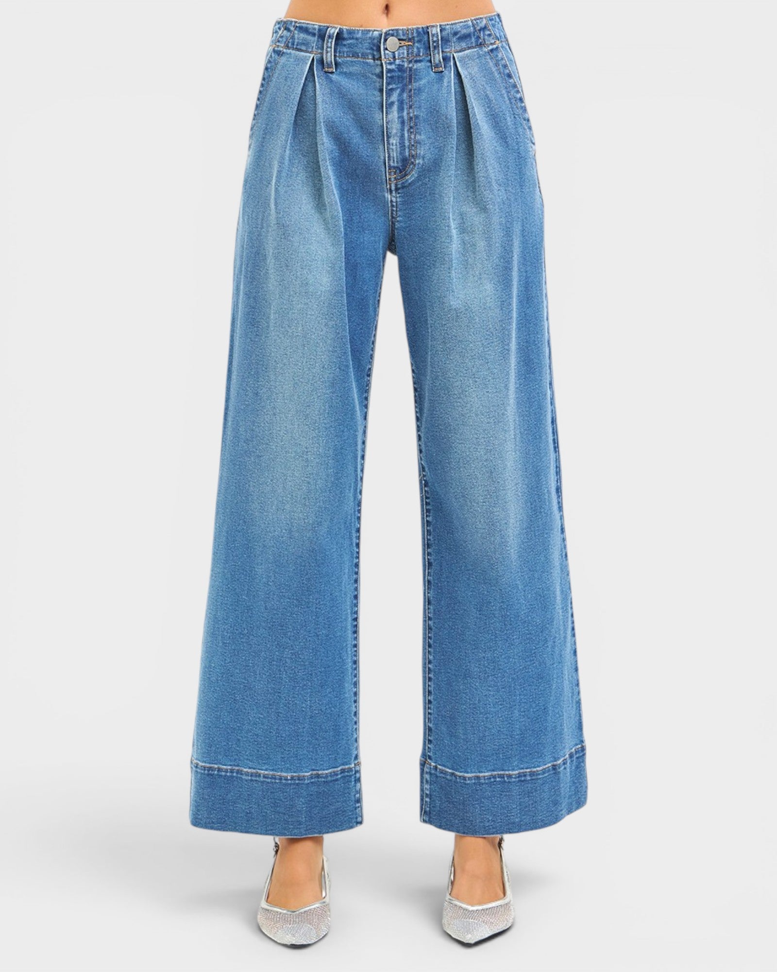 Blue wide-leg jeans on a white background