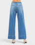 Wide-leg blue jeans on a white background