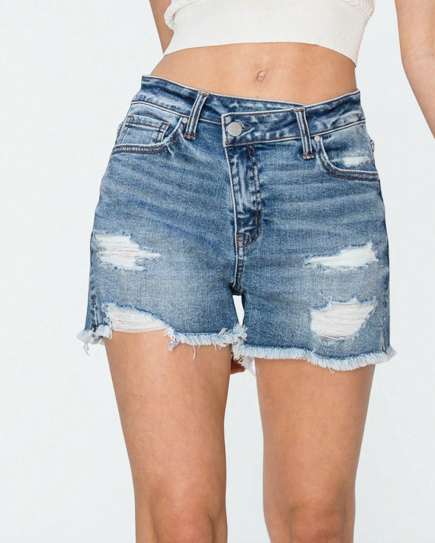 Denim shorts with a white background