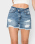 Medium Wash Crossover-Waist Distressed Denim Shorts