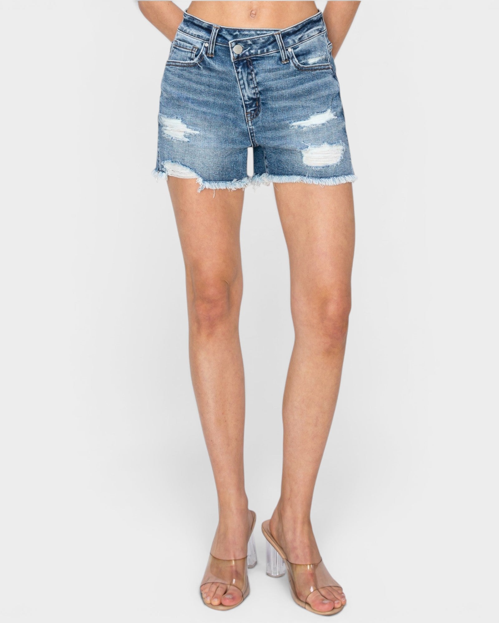Medium Wash Crossover-Waist Distressed Denim Shorts