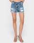 Medium Wash Crossover-Waist Distressed Denim Shorts