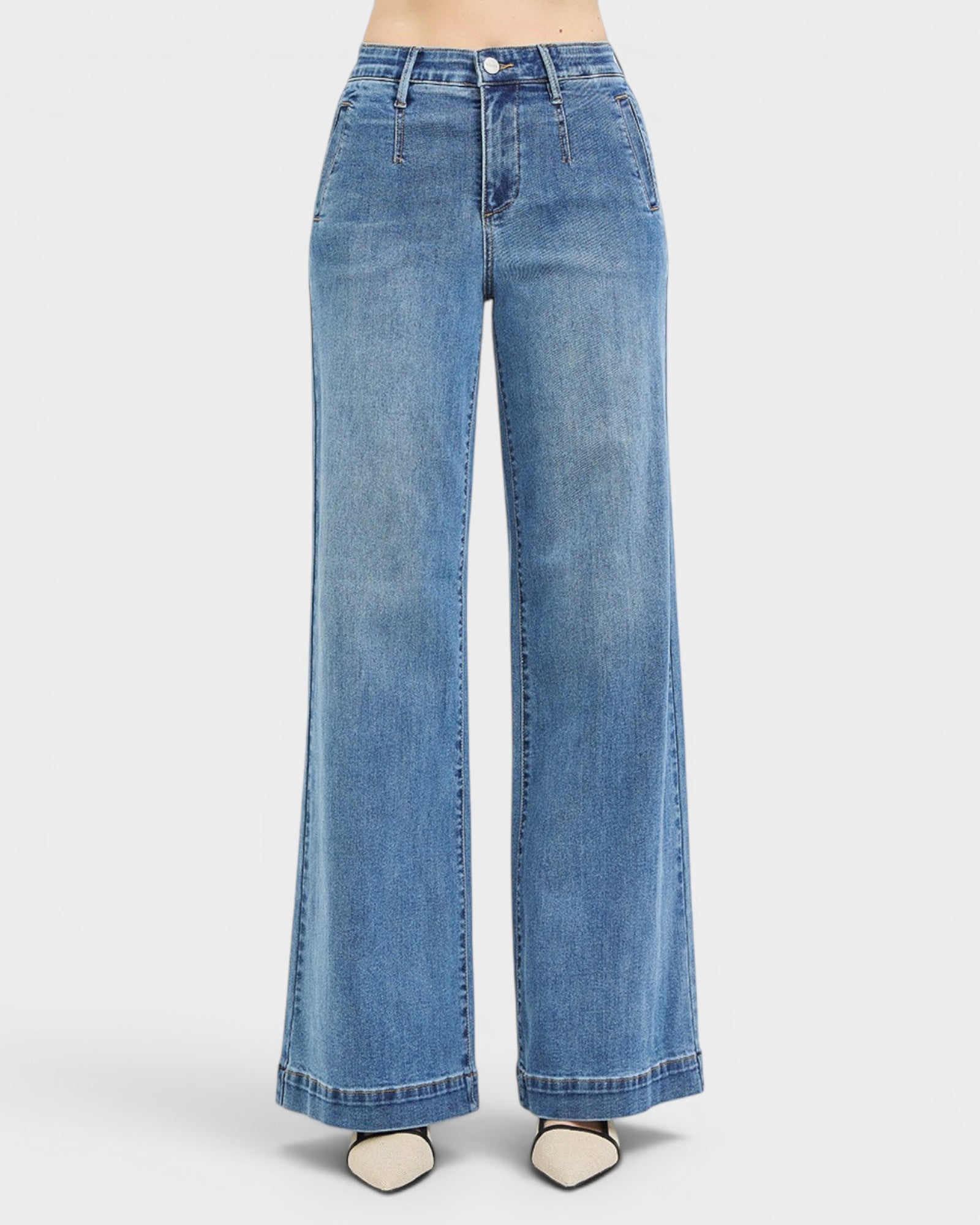 Blue wide-leg jeans on a white background
