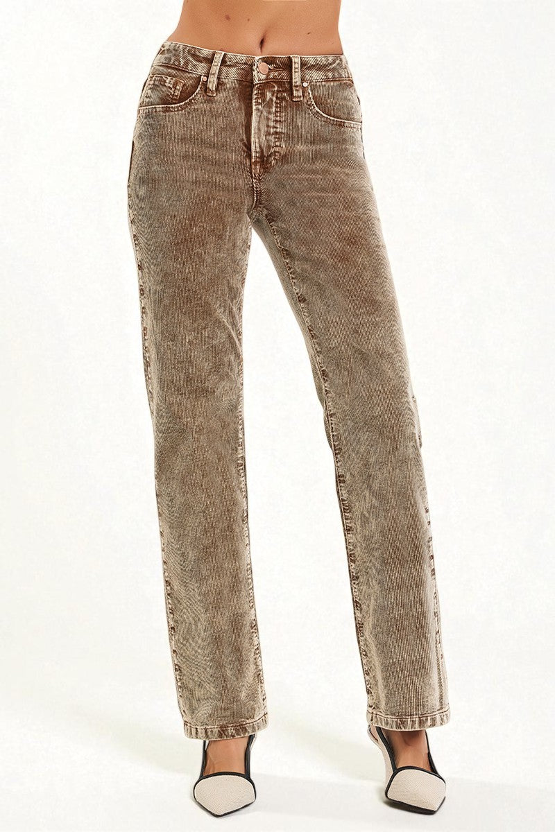 Brown acid-wash jeans on a white background