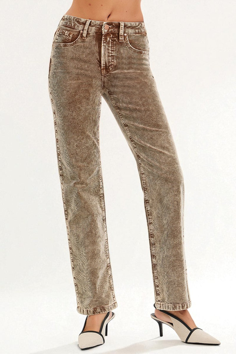 Brown acid-wash jeans on a white background