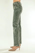 Greenish-blue jeans worn by a person on a white background