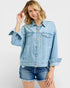 Woman wearing a light blue denim jacket and shorts on a white background