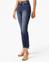 A model wearing dark blue high-waisted cropped flare jeans with a raw frayed hem, paired with clear high-heeled sandals, against a plain white studio background.