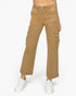 A model wearing tan cargo pants with a straight-to-wide leg and white sneakers, shown from the waist down on a light gray background.