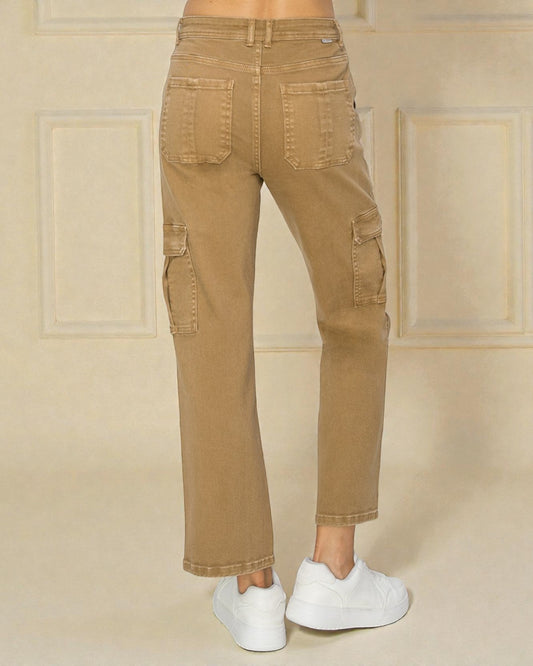 Tan cargo pants worn by a person on a beige background