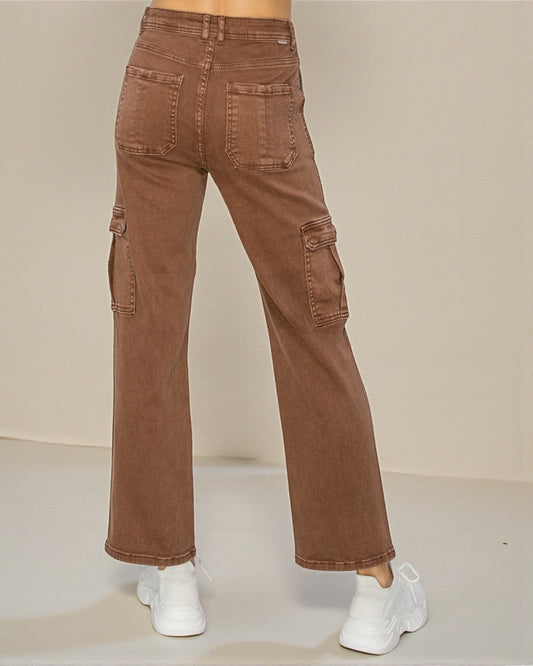Brown cargo pants worn by a person on a plain background