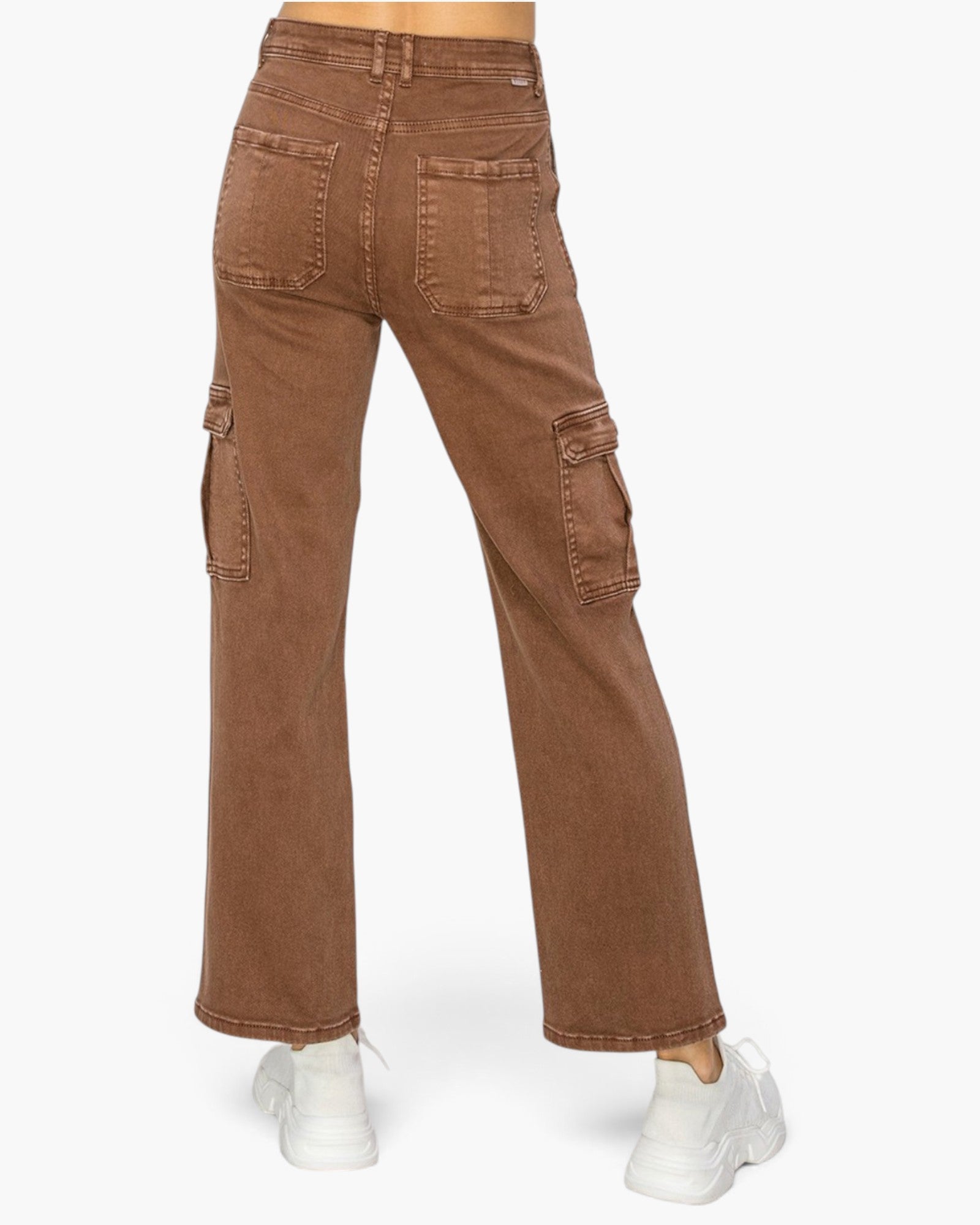 Brown wide-leg cargo pants shown from the back on a model, featuring a faded wash and white sneakers, against a light gray background.