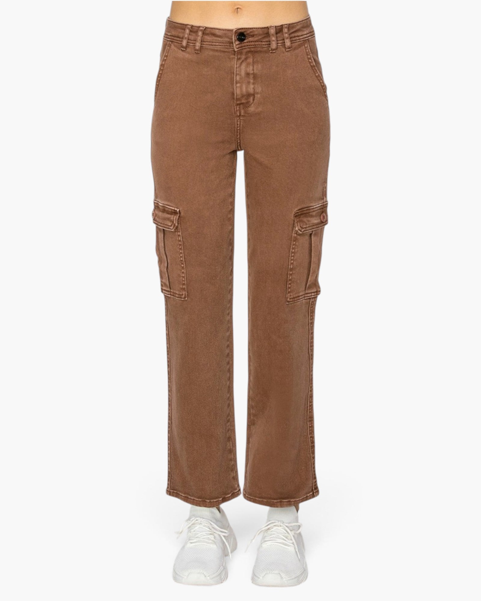 A person wearing brown wide-leg cargo pants with white sneakers, shown from the waist down against a plain light background.