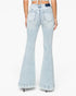 Light wash blue flare jeans shown from the back on a model, featuring a high waist, back pockets, and a flared leg.