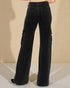 Black wide-leg pants with multiple pockets on a beige background