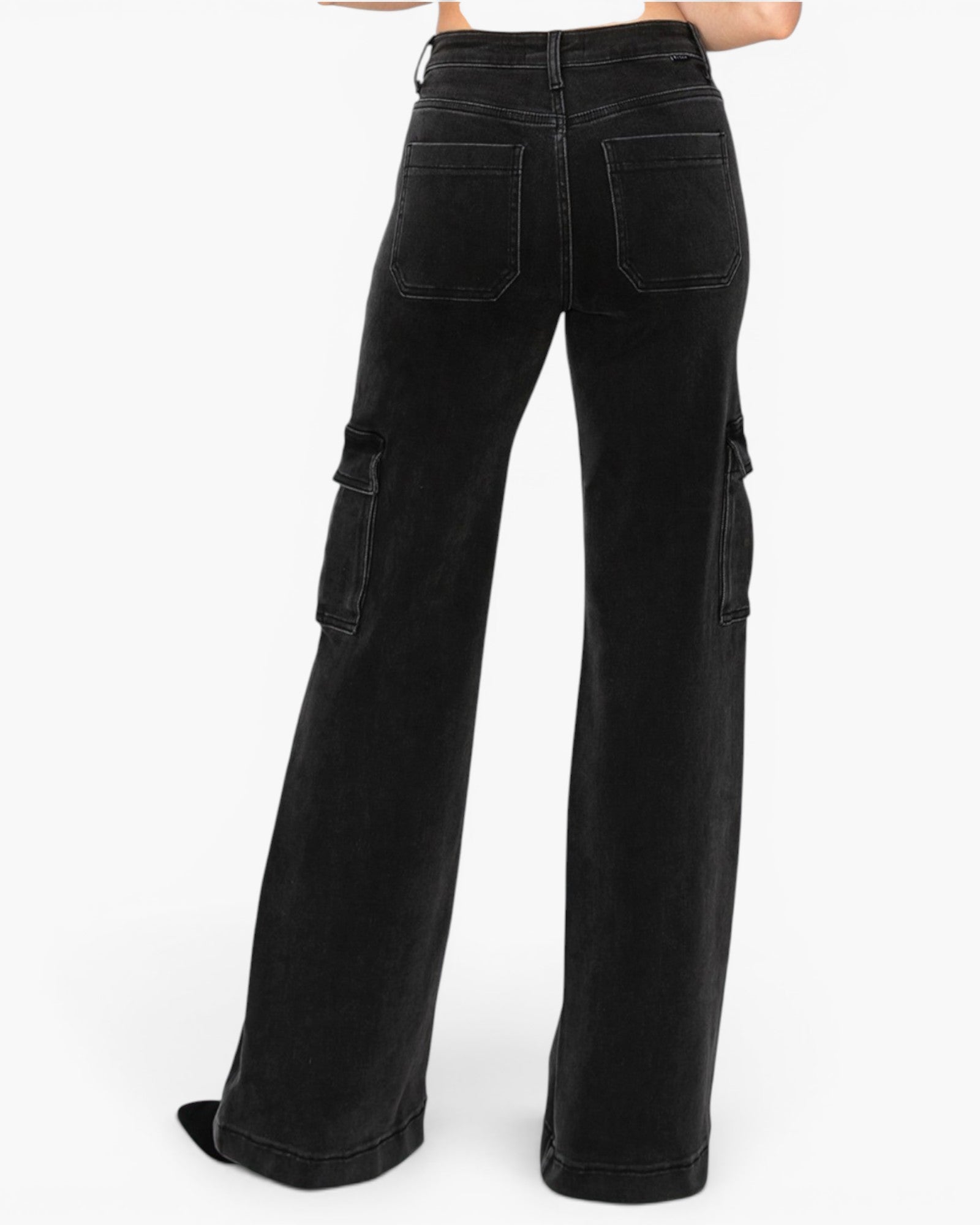 Black wide-leg cargo pants shown from the back on a model, featuring a high waist, back pockets, and side cargo pockets, set against a plain white background.