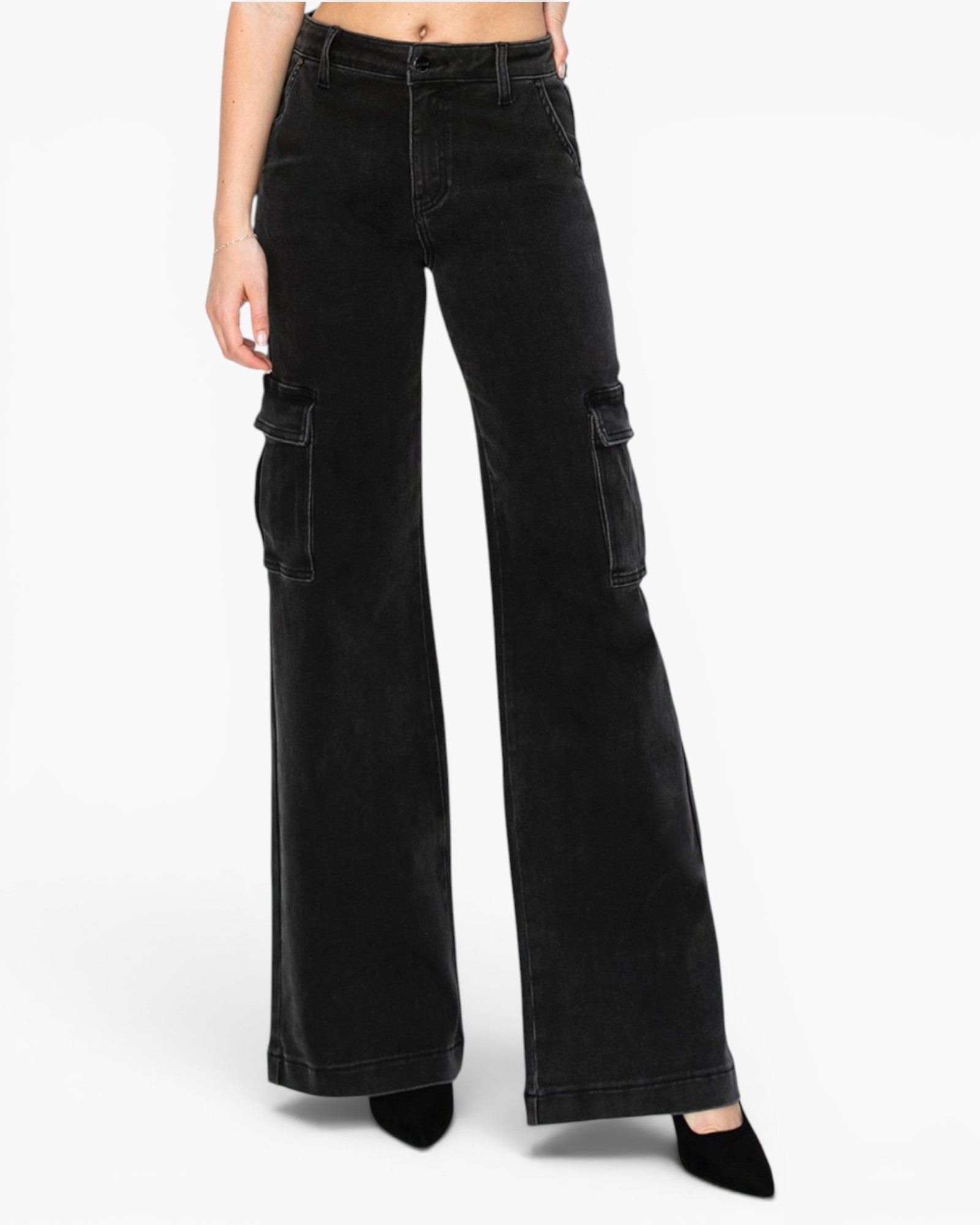 Black wide-leg cargo pants with a faded wash, modeled on a person against a plain white studio background.