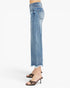 A person shown from the waist down wearing light-wash blue cropped denim jeans with a frayed hem and distressed details, paired with leopard-print heeled sandals against a plain white studio background.