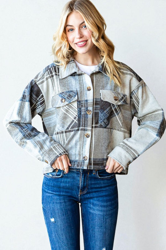 Blue & Taupe Plaid Button Front Shacket
