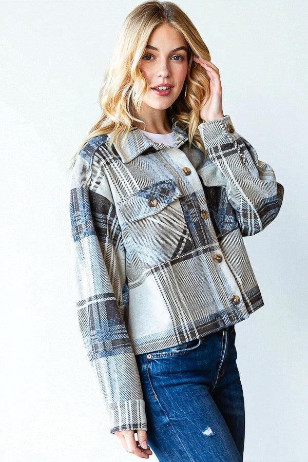 Blue & Taupe Plaid Button Front Shacket