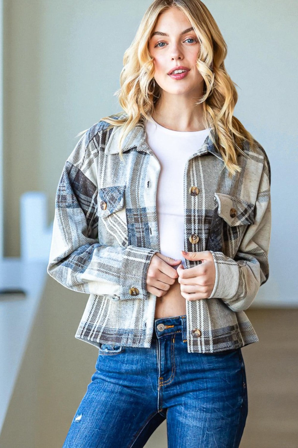 Blue & Taupe Plaid Button Front Shacket