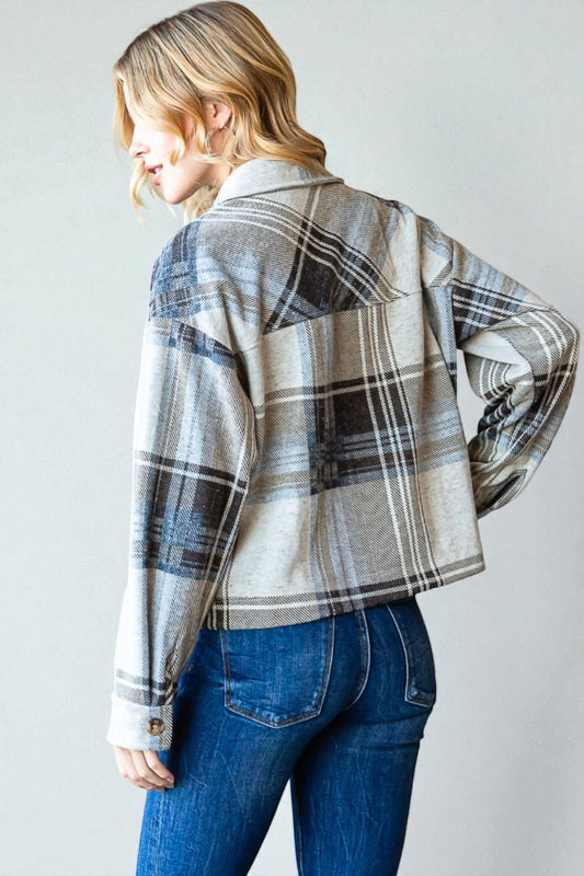 Blue & Taupe Plaid Button Front Shacket