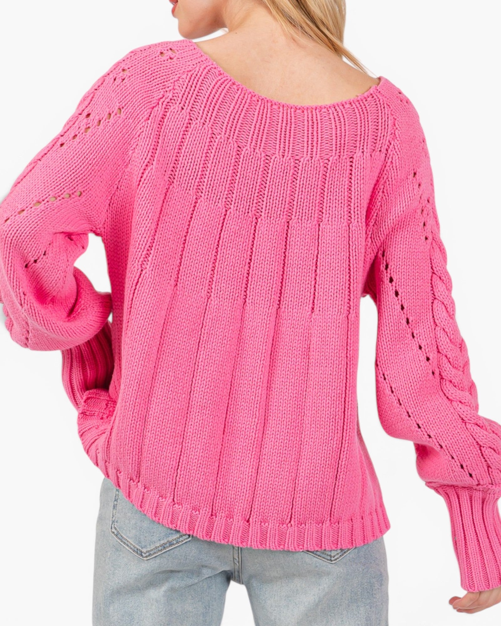 Pink Cable-Knit Pointelle Sweater