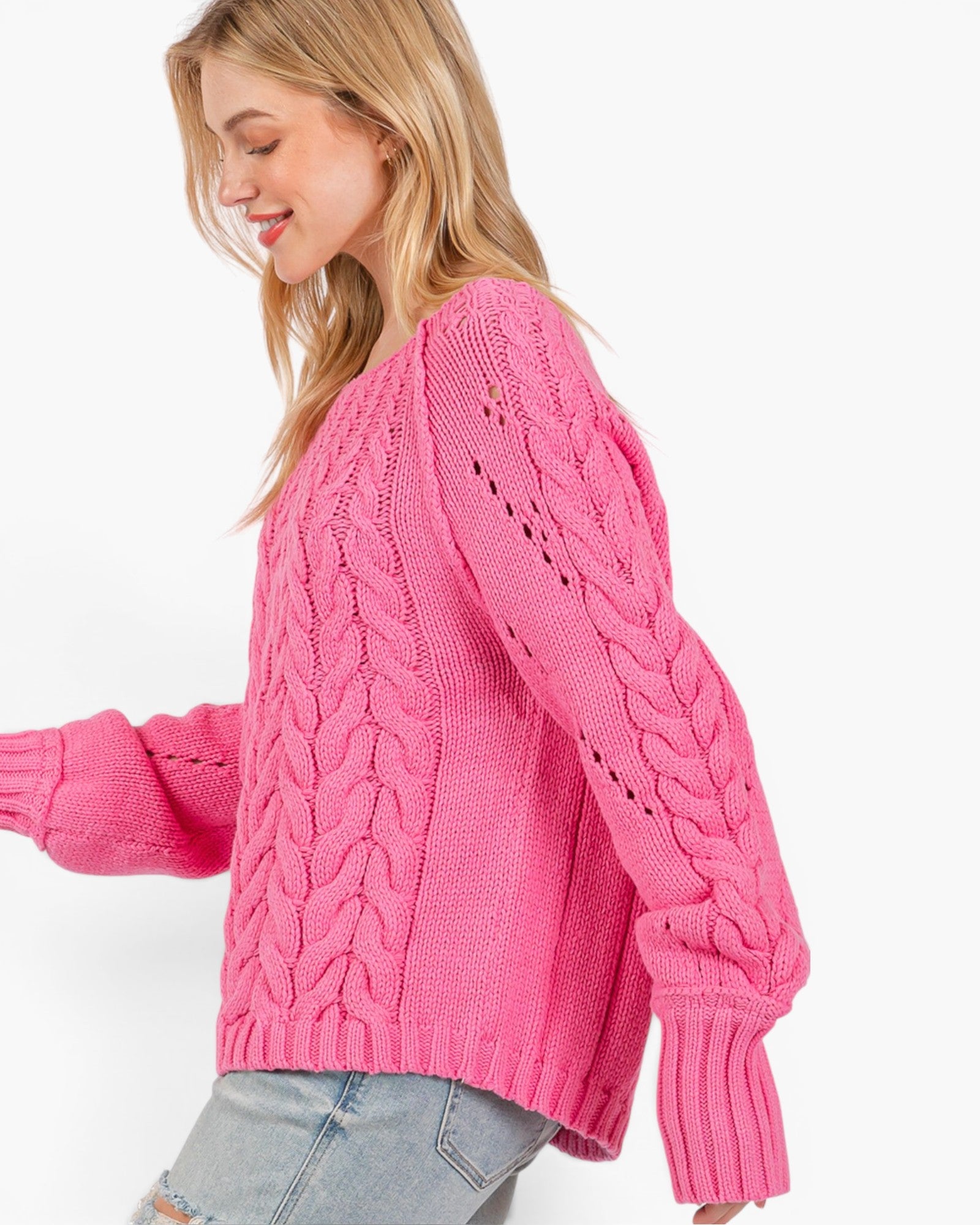 Pink Cable-Knit Pointelle Sweater