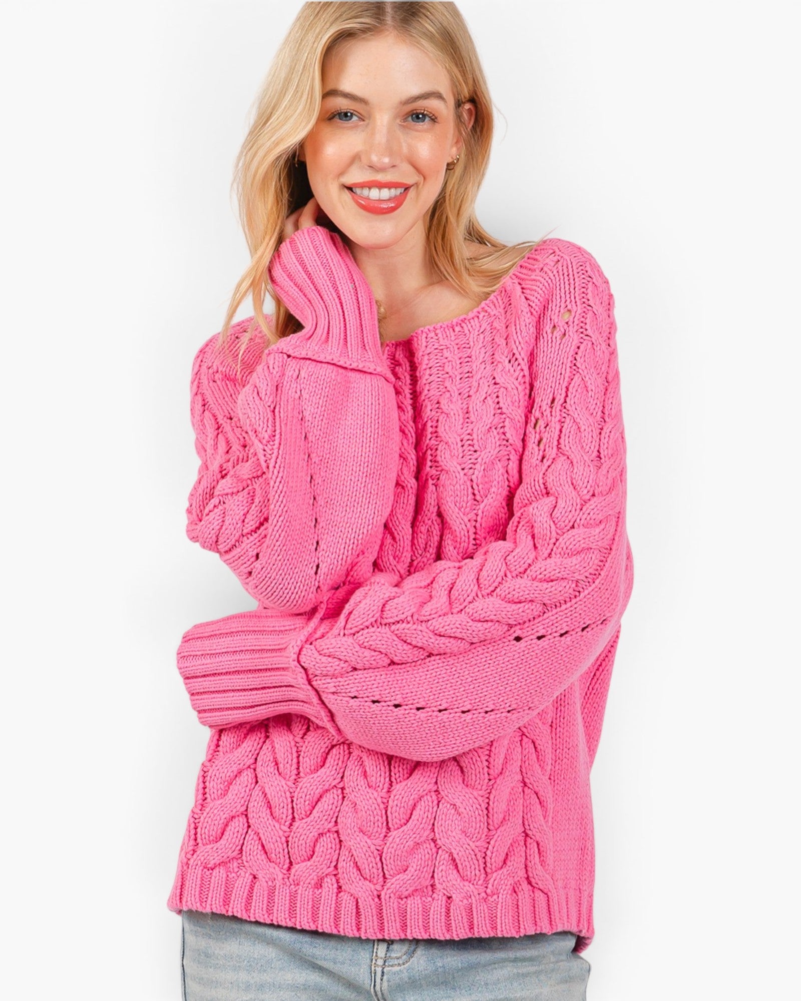 Pink Cable-Knit Pointelle Sweater