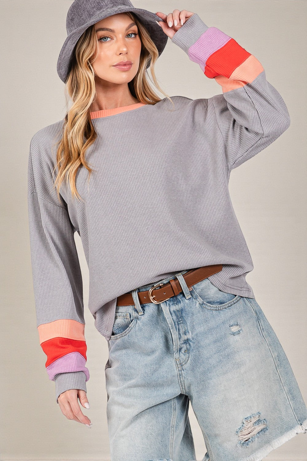 Heather Gray Ribbed Colorblock Sleeve Top